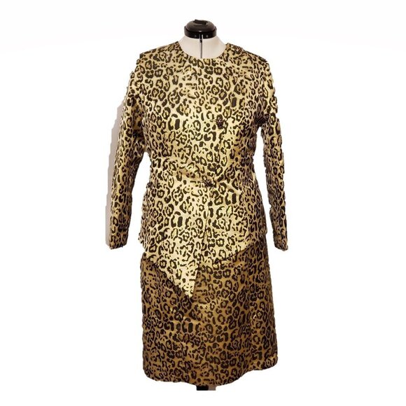 Vintage Masseys 2 Piece Sateen Animal Print Dress w/Jacket Set, Size 16 - Picture 1 of 12